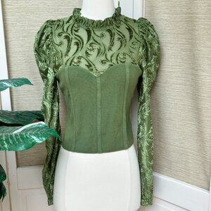 On 12th Green Corset Style Blouse, Victorian Blouse, Ruffled Velvet High Neck